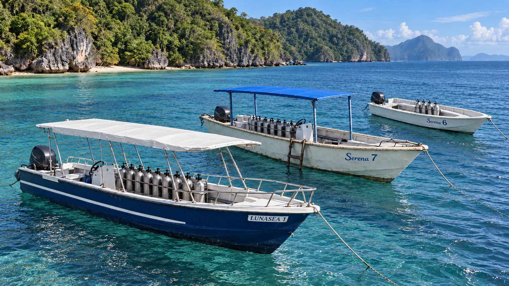 AI illustration of three dive speedboats on tropical water
